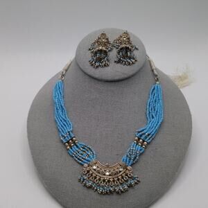 Turquoise Seed Bead Rhinestone Pendant 26" Necklace, Dangle Post Earrings 1 3/4"